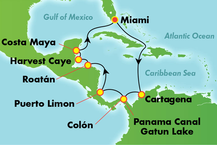 Panama Canal Round-trip from Miami: Cruise Map