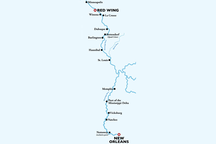 Mighty Mississippi 16 Day Cruise Itinerary Map
