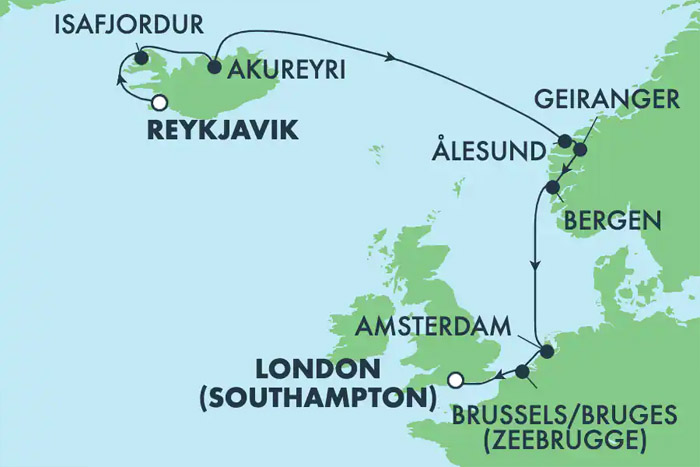 Northern Europe from Reykjavik Cruise Map