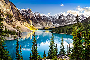 Morain lake and mountain range, Alberta, Canada