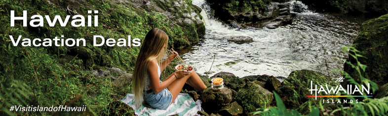 Woman eating by waterfall, Big Island Hawaii