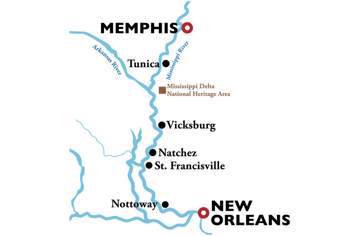 American Duchess New Orleans to Memphis Itinerary Map