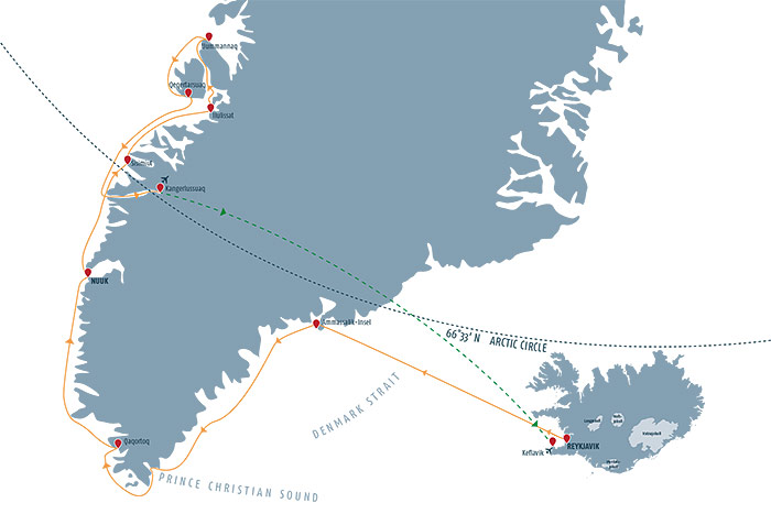 Iceland and Natural Wonders of Greenland Cruise Itinerary Map