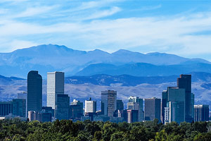 Denver skyline, mountains in background