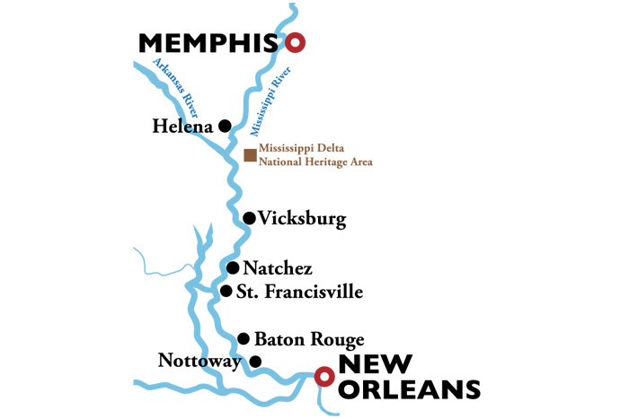 American Duchess Memphis to New Orleans Itinerary Map