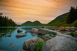 River and mountain forests at sunset in Arcadia National Park, Maine