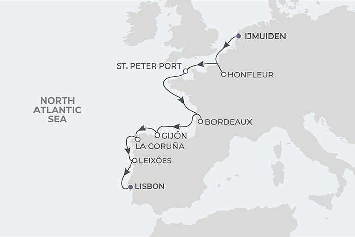 Atlas Ocean Voyages Amsterdam to Lisbon Itinerary Map
