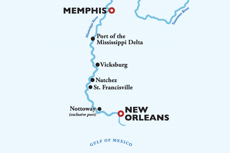 American Countess New Orleans to Memphis Itinerary Map